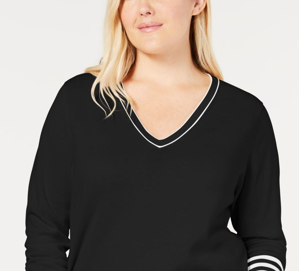 Suéter feminino Tommy Hilfiger de manga comprida com decote em V, preto, tamanho 3X