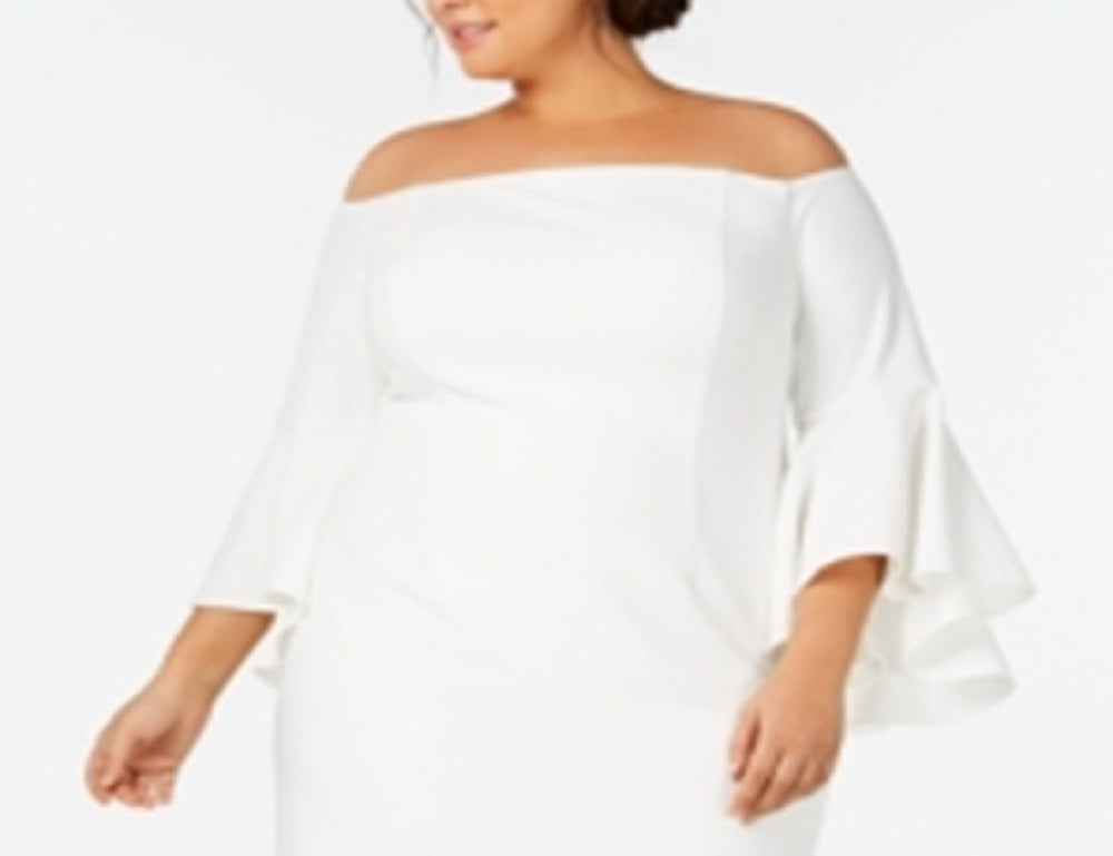 Vestido curto Calvin Klein feminino com zíper e manga 3/4, ombro de fora, abaixo do joelho, branco, tamanho 20W