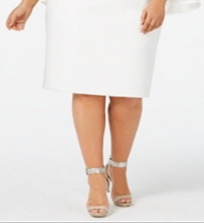 Vestido curto Calvin Klein feminino com zíper e manga 3/4, ombro de fora, abaixo do joelho, branco, tamanho 20W