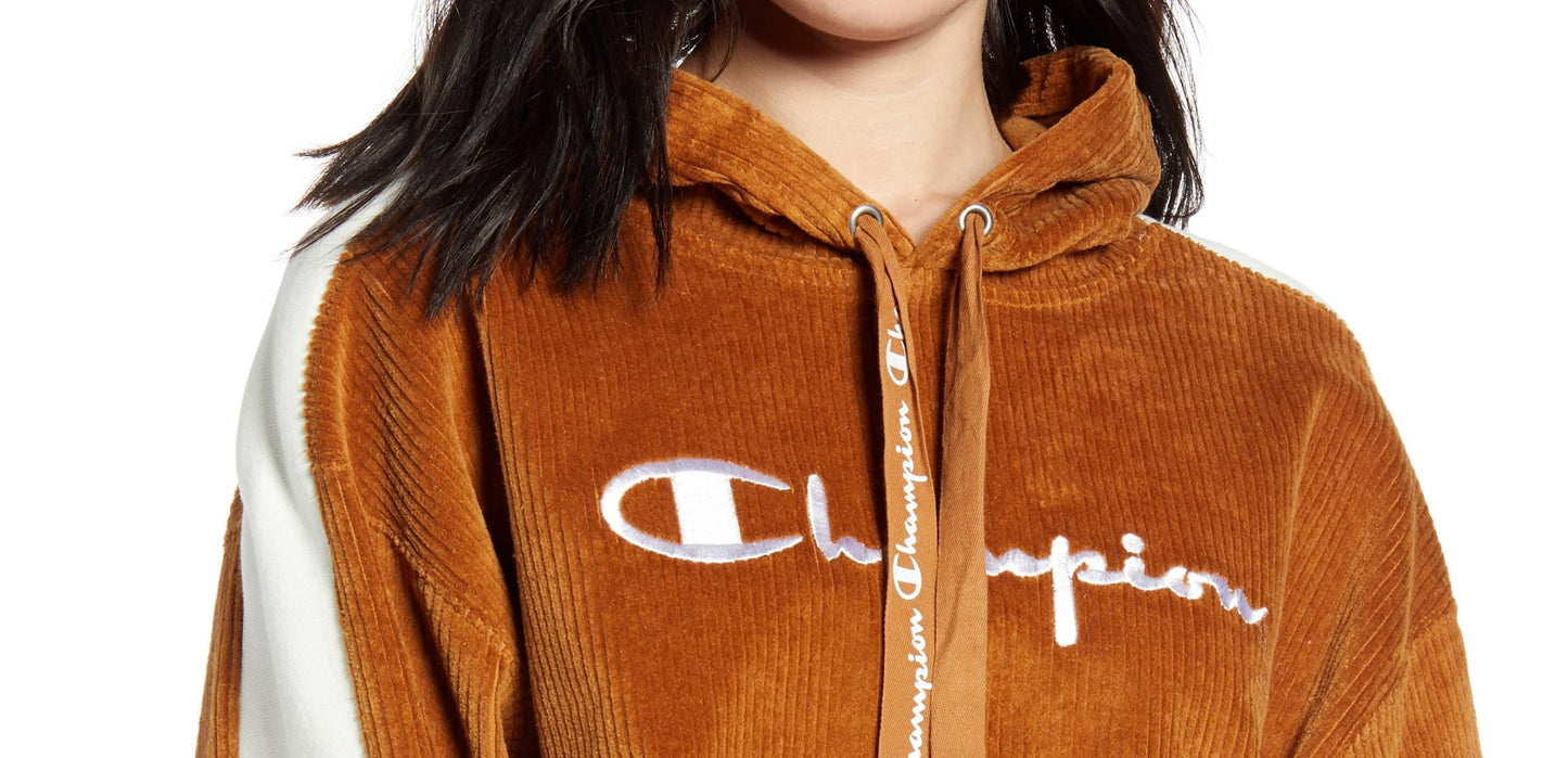 Moletom com capuz curto Champion feminino de veludo cotelê marrom tamanho X-S