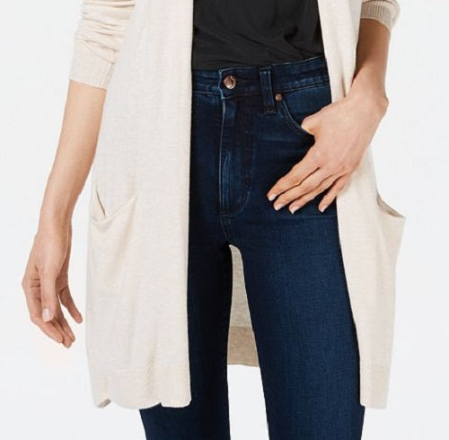 Cardigan feminino longo de malha com frente aberta Maison Jules, marrom, tamanho 2XS