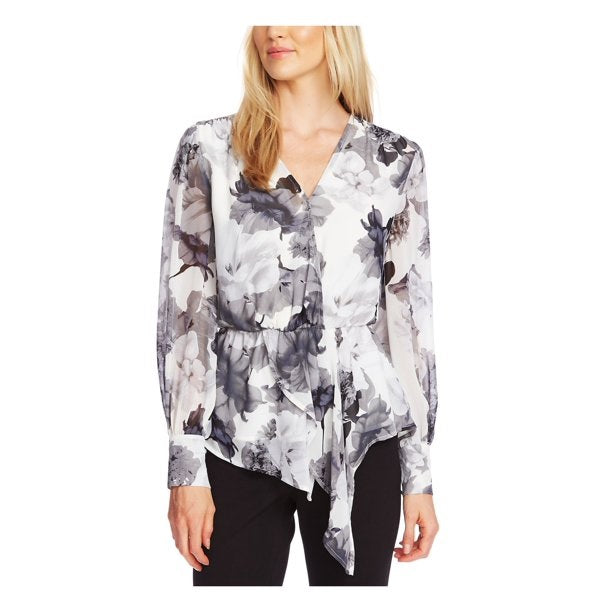 Vince Camuto Blusa floral de manga comprida feminina cinza tamanho XS