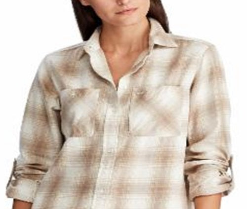 Ralph Lauren Blusa feminina xadrez com punho e gola, branca, tamanho grande