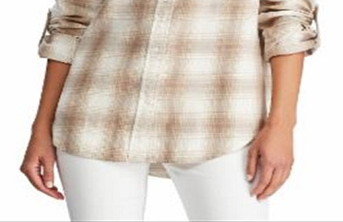 Ralph Lauren Blusa feminina xadrez com punho e gola, branca, tamanho grande