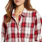 Blusa feminina com botões e gola xadrez Lucky Brand, vermelha, tamanho grande