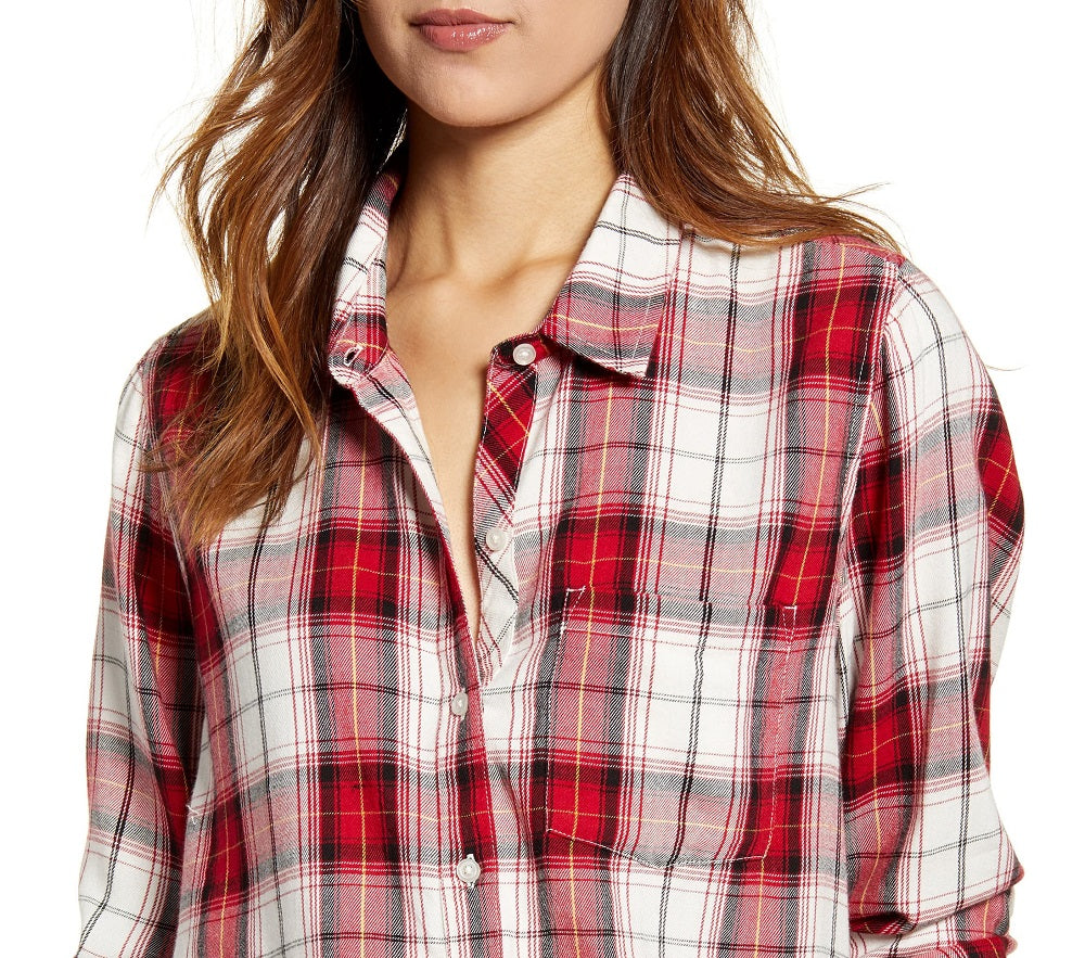 Blusa feminina com botões e gola xadrez Lucky Brand, vermelha, tamanho grande