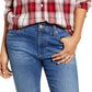 Blusa feminina com botões e gola xadrez Lucky Brand, vermelha, tamanho grande