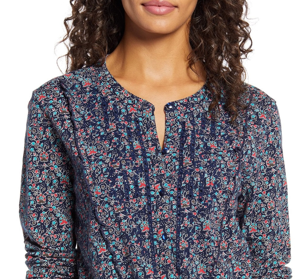 Blusa túnica feminina com estampa floral e manga comprida, azul, tamanho grande