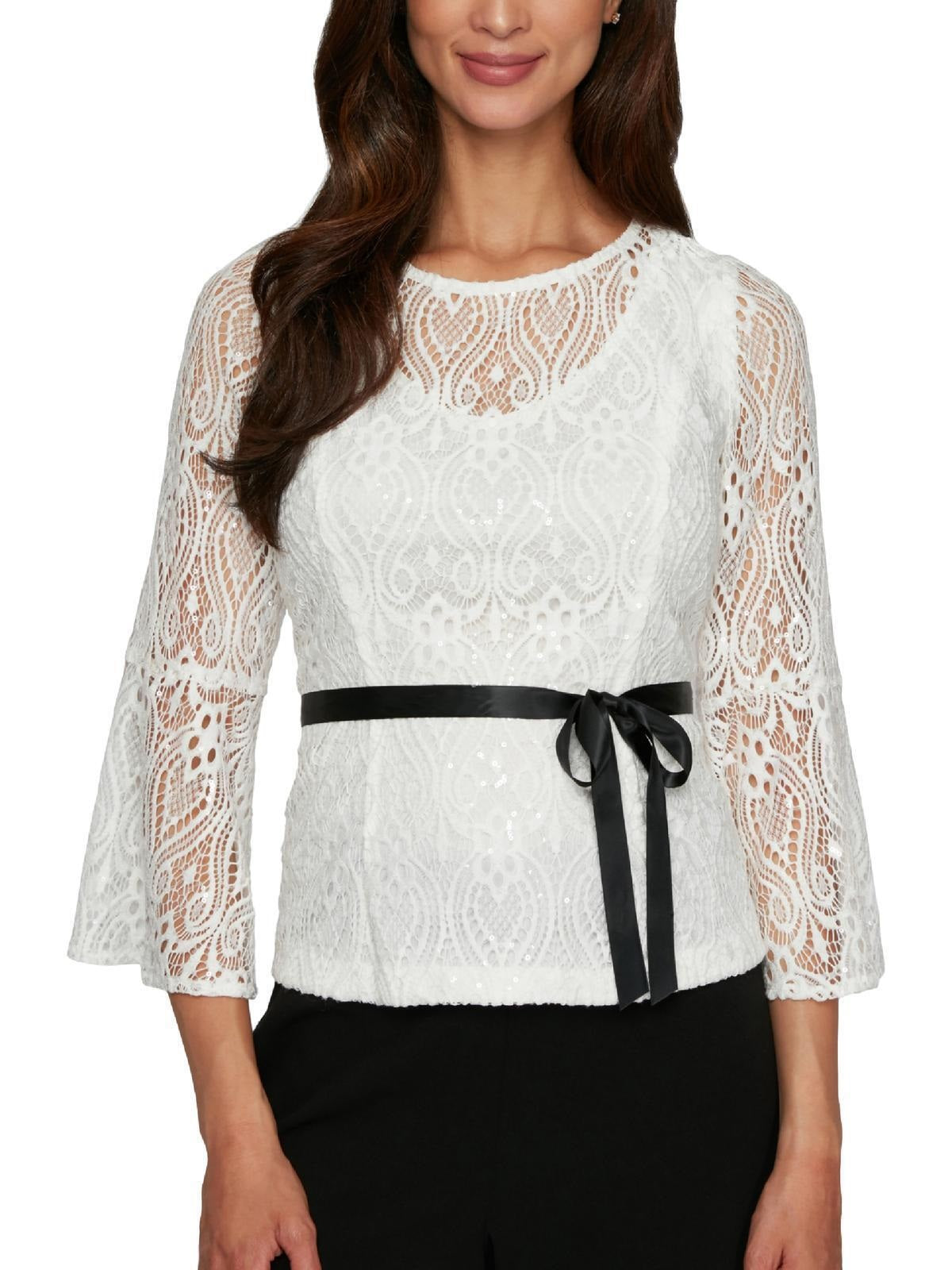 Alex Evenings Top de renda com amarração na cintura feminino, branco, tamanho grande