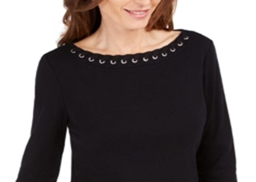 Karen Scott Top Feminino de Algodão com Gola Canoa e Acabamento em Ilhós, Preto, Tamanho Pequeno Médio