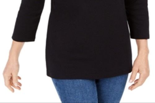 Karen Scott Top Feminino de Algodão com Gola Canoa e Acabamento em Ilhós, Preto, Tamanho Pequeno Médio