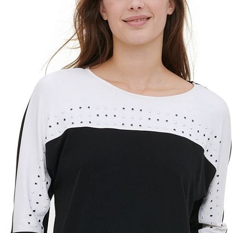 Blusa Calvin Klein Feminina Manga 3/4 Gola Joia Preta Tamanho Médio