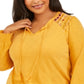 Blusa feminina plus size de algodão bordado com gola amarrada, tamanho 4X, amarela, estilo &amp; co