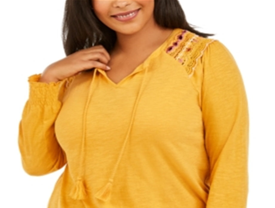 Blusa feminina plus size de algodão bordado com gola amarrada, tamanho 4X, amarela, estilo &amp; co