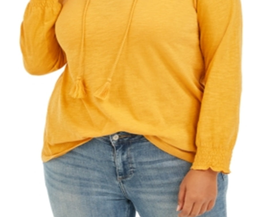 Blusa feminina plus size de algodão bordado com gola amarrada, tamanho 4X, amarela, estilo &amp; co