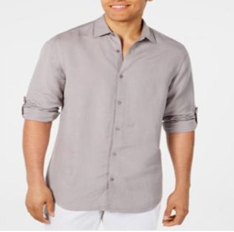 Camisa casual masculina Alfani de linho com botões, cinza, tamanho XXL
