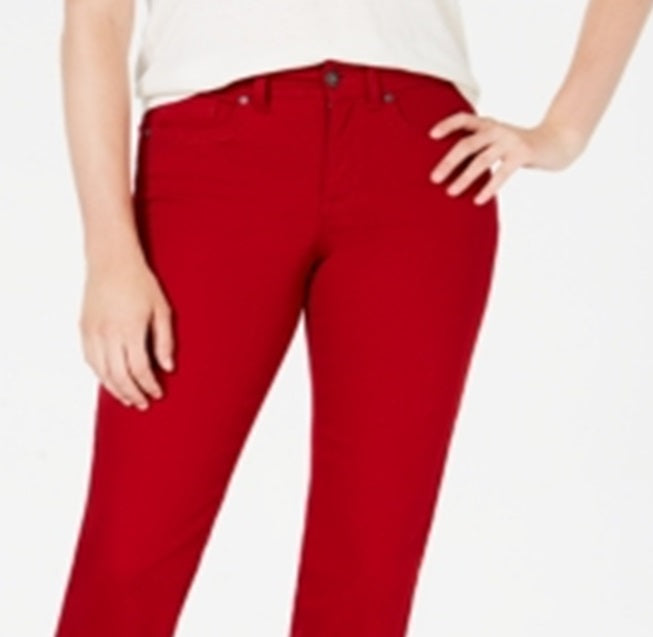 Jeans feminino estilo &amp; co com controle de barriga e perna reta, vermelho, tamanho 4