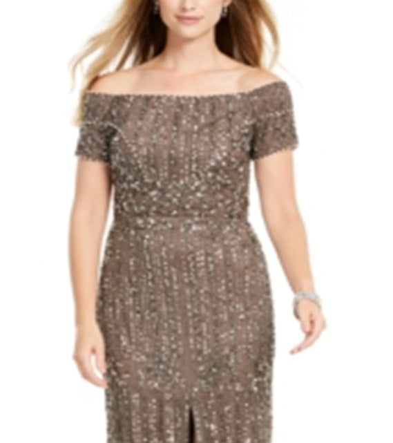Vestido de festa feminino Adrianna Papell com decote ombro a ombro e contas, marrom, tamanho 16