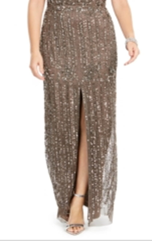 Vestido de festa feminino Adrianna Papell com decote ombro a ombro e contas, marrom, tamanho 16