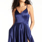 Vestido feminino B Darlin com fenda, alças finas, decote em V, comprimento total, corte formal, flare, azul, tamanho 9-10