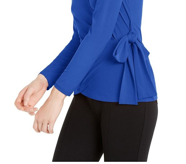 Blusa envolvente de manga comprida com gravata borboleta feminina Michael Kors, azul, tamanho P