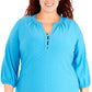 Blusa feminina plus size NY Collection, manga 3/4, gola mandarim, azul, tamanho 1X