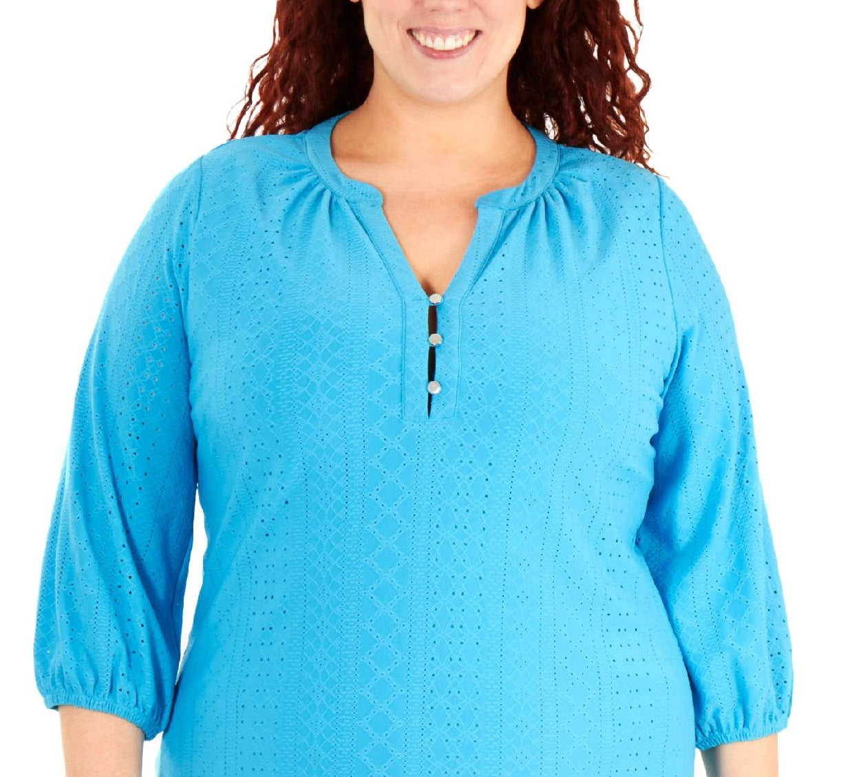 Blusa feminina plus size NY Collection, manga 3/4, gola mandarim, azul, tamanho 1X