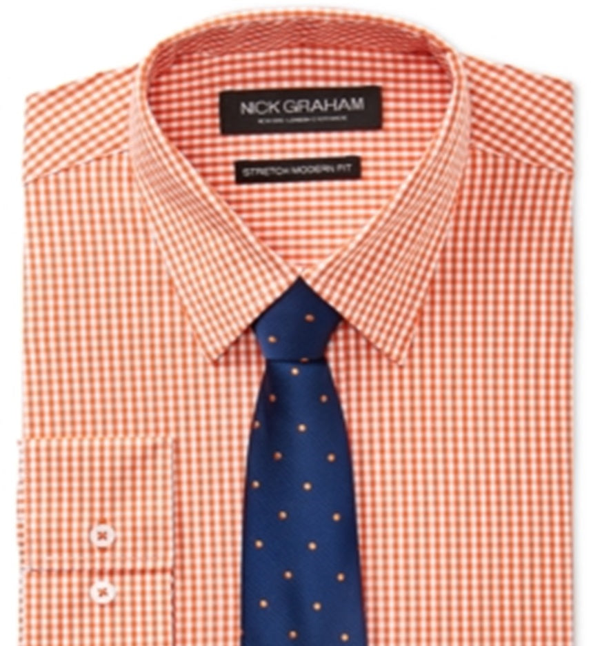 Conjunto de camisa social xadrez slim fit elástica e fácil de cuidar Nick Graham para homens e gravata com bolinhas laranja, tamanho M
