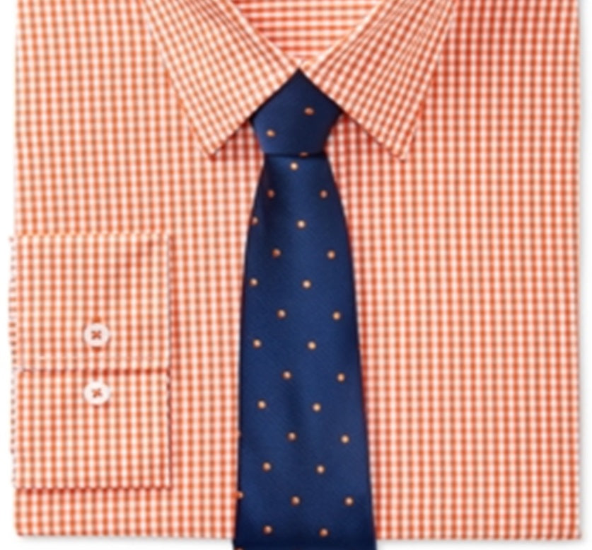 Conjunto de camisa social xadrez slim fit elástica e fácil de cuidar Nick Graham para homens e gravata com bolinhas laranja, tamanho M