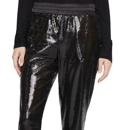 Calça feminina Sanctuary com lantejoulas e perna reta para noite, preta, tamanho médio