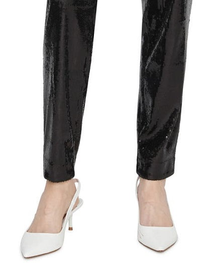 Calça feminina Sanctuary com lantejoulas e perna reta para noite, preta, tamanho médio