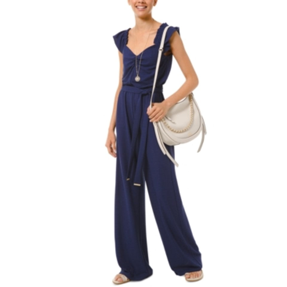 Macacão e macacão feminino Michael Kors Petite V com mangas esvoaçantes, peça única, azul, tamanho Petit M