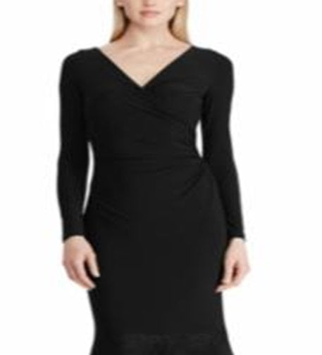 Vestido formal Ralph Lauren feminino com sobrepeliz de renda e sobrepeliz Clevella, preto, tamanho 14