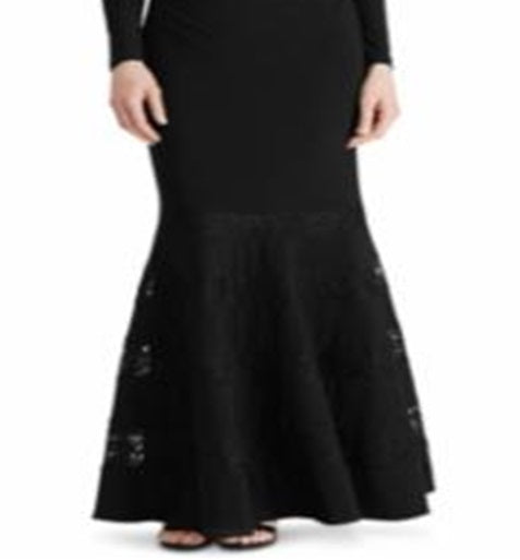 Vestido formal Ralph Lauren feminino com sobrepeliz de renda e sobrepeliz Clevella, preto, tamanho 14