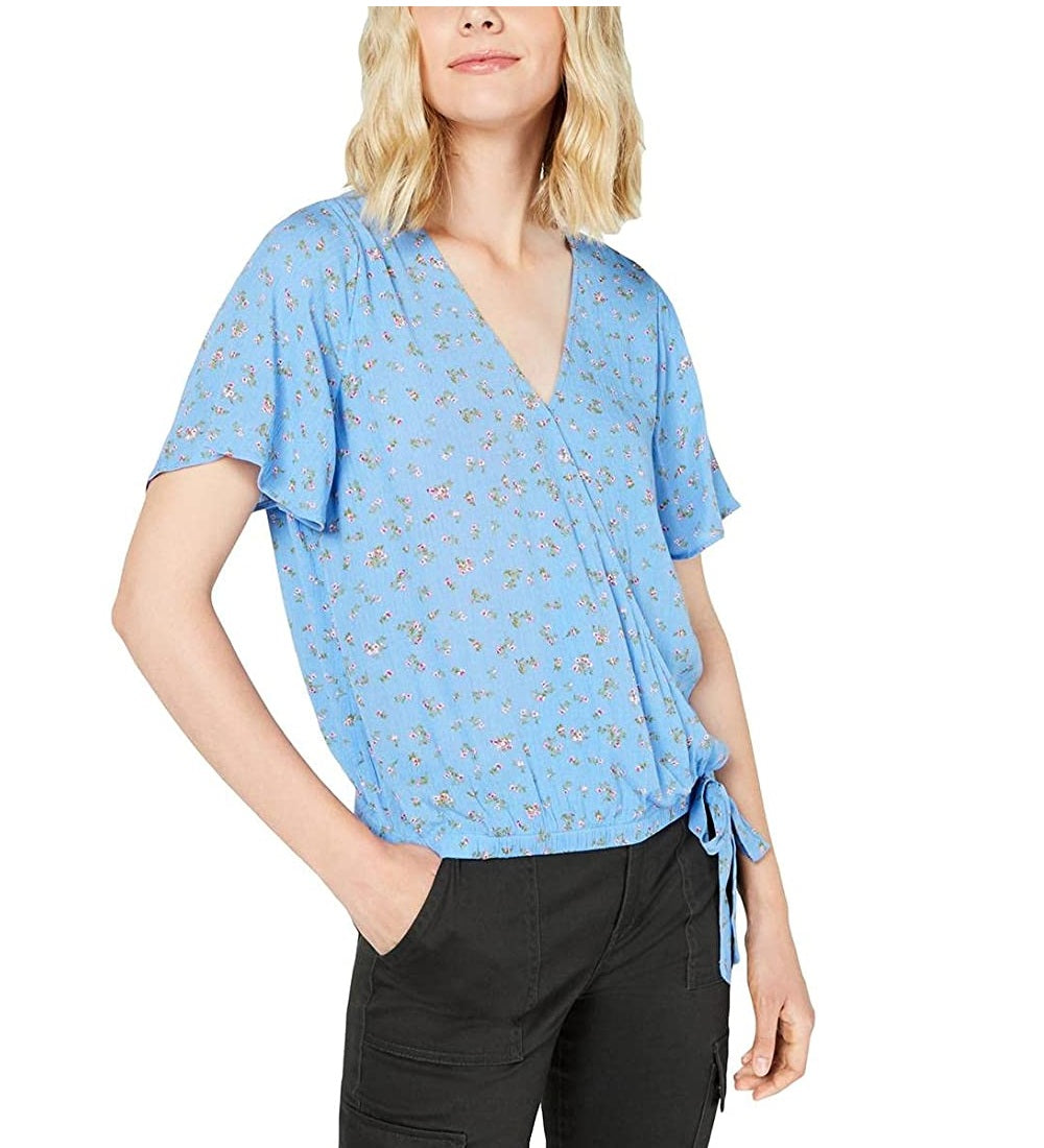 Blusa feminina Hippie Rose com estampa floral e manga curta, tamanho grande, azul