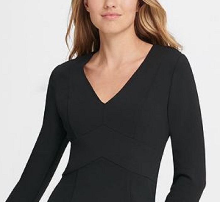 Vestido de festa feminino DKNY com manga comprida, decote em V e bainha acima do joelho, preto, tamanho 10