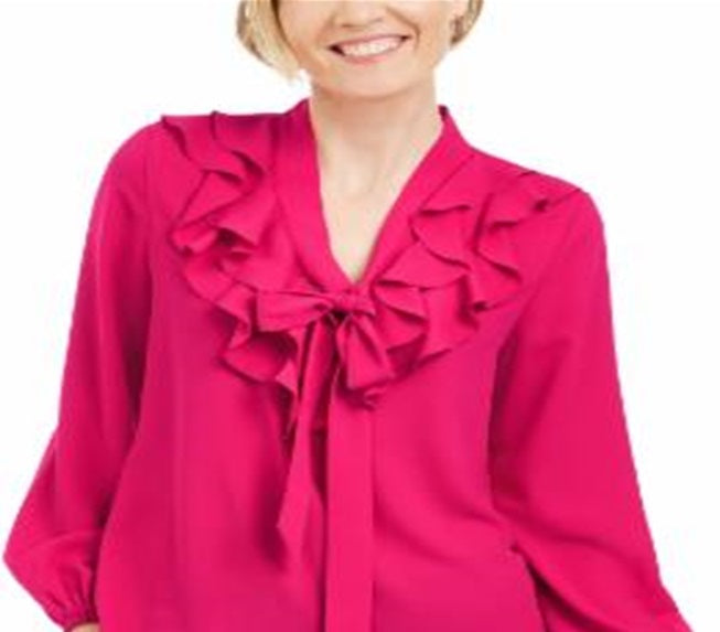 Blusa feminina Kasper de manga comprida com amarração no pescoço, rosa, tamanho pequeno médio