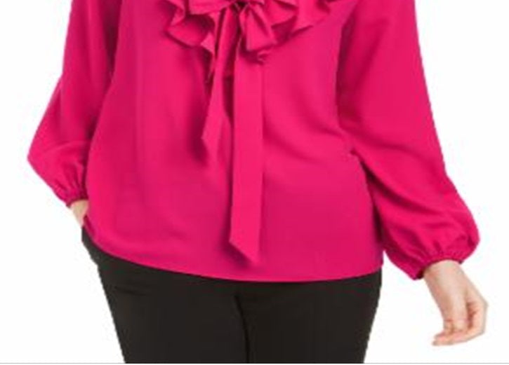 Blusa feminina Kasper de manga comprida com amarração no pescoço, rosa, tamanho pequeno médio