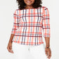Charter Club Blusa feminina de algodão xadrez com decote canoa, laranja, tamanho pequeno G