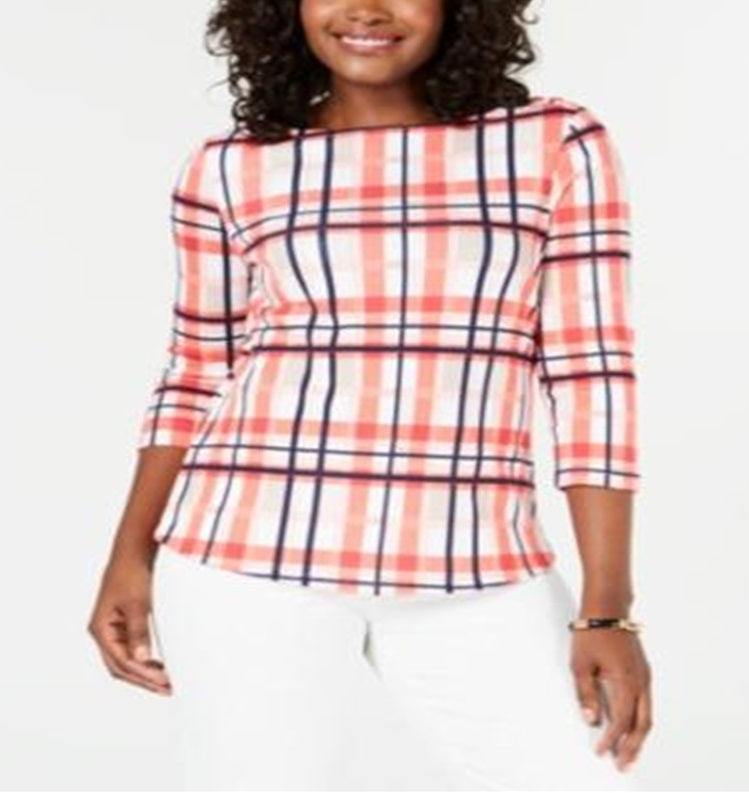 Charter Club Blusa feminina de algodão xadrez com decote canoa, laranja, tamanho pequeno G