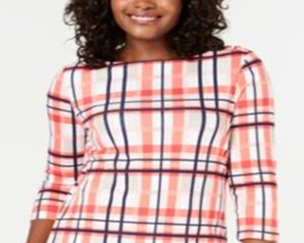 Charter Club Blusa feminina de algodão xadrez com decote canoa, laranja, tamanho pequeno G