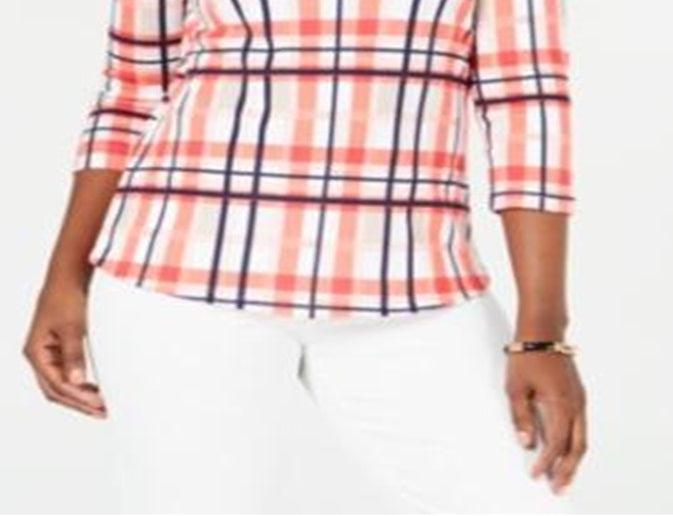 Charter Club Blusa feminina de algodão xadrez com decote canoa, laranja, tamanho pequeno G