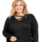 JM Collection Suéter feminino plus size com detalhes em ilhós, preto, tamanho 3X