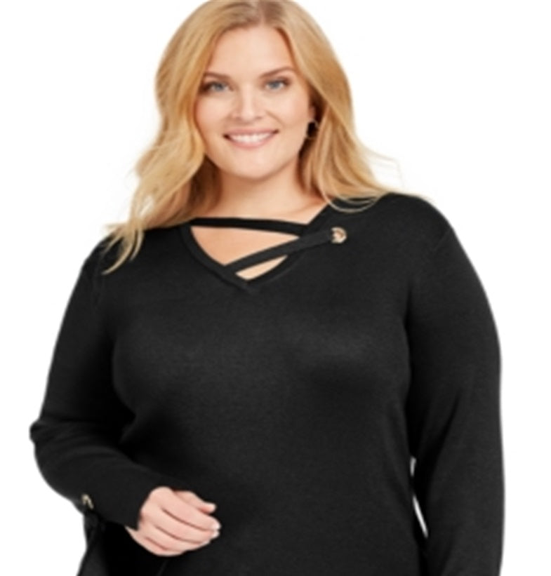 JM Collection Suéter feminino plus size com detalhes em ilhós, preto, tamanho 3X