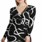 Vestido de festa feminino Ralph Lauren estampado, manga comprida, decote em V, abaixo do joelho, preto, tamanho 10