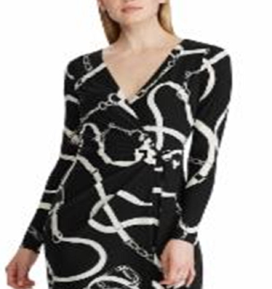 Vestido de festa feminino Ralph Lauren estampado, manga comprida, decote em V, abaixo do joelho, preto, tamanho 10