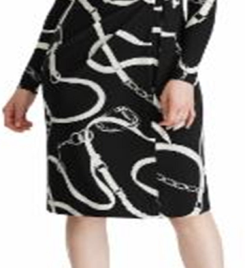 Vestido de festa feminino Ralph Lauren estampado, manga comprida, decote em V, abaixo do joelho, preto, tamanho 10