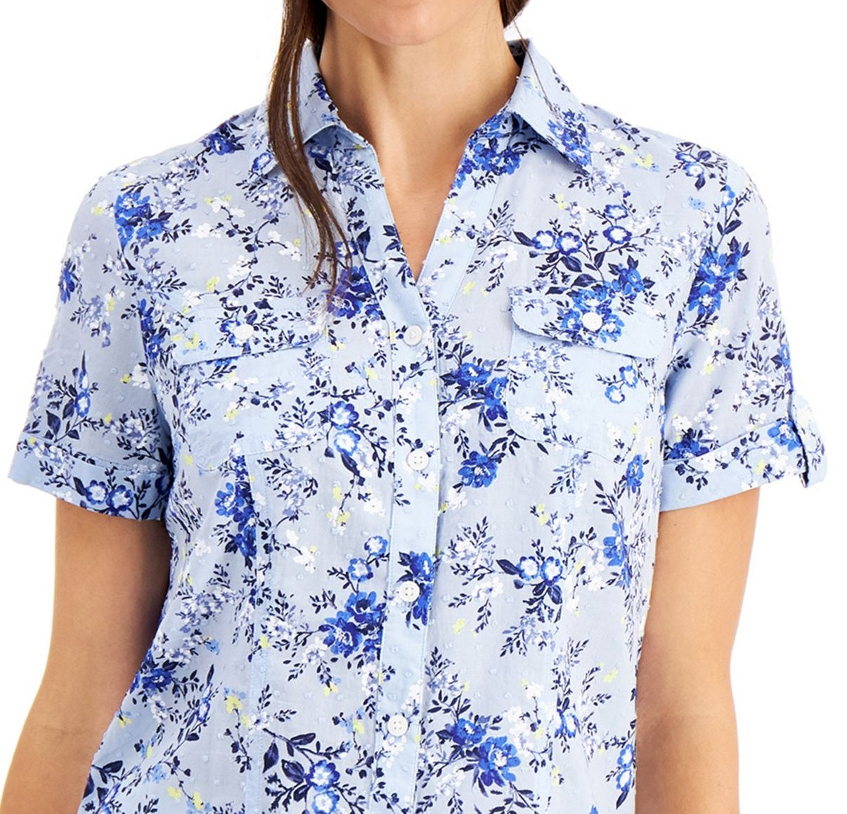 Camisa de algodão feminina Karen Scott Tuscan Garden, azul, tamanho pequeno grande
