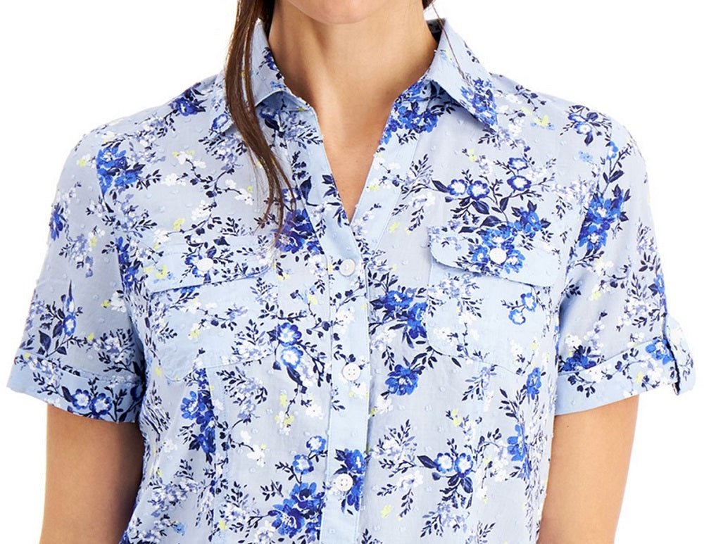 Camisa de algodão feminina Karen Scott Tuscan Garden, azul, tamanho pequeno, extragrande