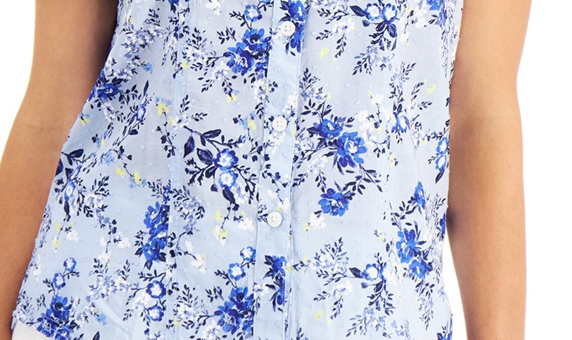Camisa de algodão feminina Karen Scott Tuscan Garden, azul, tamanho pequeno, extragrande
